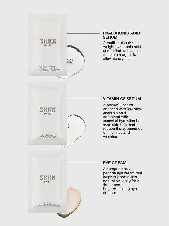 The Ritual Sample Set includes: Hyaluronic Acid Serum, Vitamin C8 Serum, and Eye Cream.